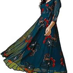 Women's Georgette Casual Floral Digital Print V-Neck 3/4 Sleeve Knee-Length Fit & Flare Long Maxi Gown Dress for Girls (Barbie)-picture-11