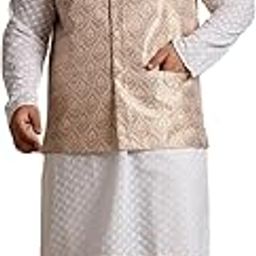 Plus (Since 1958) Men's Cotton White Chikankari Kurta & Pyjama with Woven Nehru Jacket-image-3