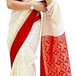 Traditional Bengali Gorod Sarees for Women Red and White Durga Puja Garad Silk Kanjivaram Goroder Lal Par Sada Border Handloom Sari Banarasi soft lichi Sadi with Blouse Piece-image-99