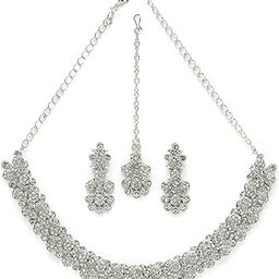 Excellent Rhodium Plated Silver AD White Stone Collar Bone Necklace Set With Earring And Maangtika | Jewellery Set For Women (NS105634)-image-31