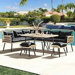 OMCCO Outdoor All Weather 5 Piece Rope L-Shape Dining Sofa Conversation Set with Table & Ottomans for Garden, Pool, Terrace, Backyard(Black)-image-59