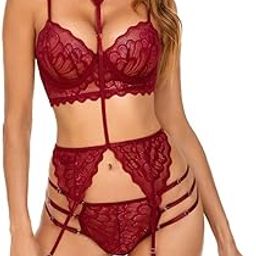 Women's Floral Lace Garter Lingerie Set with Choker Strap – 3-Piece Set with Adjustable Fit-image-66