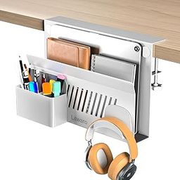 Litwaro Desk Side Storage, Laptop Holder for Standing Desk Accessories, Hanging Desk Organizer with Magnetic Pen Holder, Under Desk Storage for Office - White-13