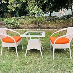 Prime Aura 2+1 Outdoor Patio Furniture Set, Off White Wicker Chairs with Orange Cushions, Glass Top Table, Garden Bistro Set (Off White STR)-image-83