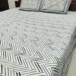 Cotton Super King Size Bedsheet Set with 2 Pillow Covers, Geometric Pattern, 108 x 108 inches, White and Blue-image-30
