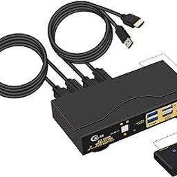 CKLau 2 Port USB 3.0 HDMI 2.1 KVM Switch 8K@60Hz 4K@144Hz with Audio Output and Cables, 2 Computers 1 Monitor Video Keyboard Mouse Peripheral Sharing Switcher Box-1