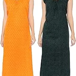 cierge Women's Cotton All Over Print Maxi Nighty (CIERGE-BRASSO-SLEEVLESS_Yellow & Green_Free Size)-picture-1