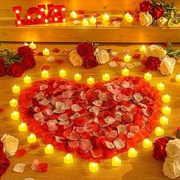 Honoson 1000 Pieces Artificial Rose Petals with 24 Pcs Flameless Heart Shaped LED Tealights Candles Romantic Night Decorations for Wedding Anniversary Table Decor(White with Yellow)-7