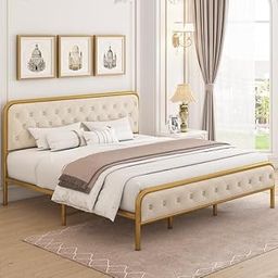HITHOS Metal Frame Velvet Modern Upholstered Platform King Size Bed | Double Bed Cot Palang Without Storage for Bedroom, Hotels, and Home Furniture (Beige, 3 Year Warranty)-image-90