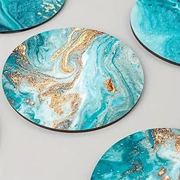 RK Digital Mart Turquoise and Gold Marble Pattern Tea Coaster, Heat‑Resistant Coasters, Ideal for Cups, Coffee Mugs & Home Décor 4‑Inch - Pack of 6-image-27