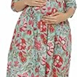 crafiqa Pre & Post Maternity/Nursing Wear Hand Block Printed Kurta/Kurti Cum Midi Dress/Nighty with Both Sides Zipper for Easy Feeding for to Be Moms & Nursing Mothers Pure Cotton Turquoise-picture-17