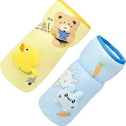 THE LITTLE LOOKERS Soft Plush Stretchable Baby Feeding Bottle Cover with Easy to Hold Strap | Cute Animated Overall Print Pack of 2 (Yellow & Blue, Narrow Neck 240ml/8oz)-image-6
