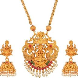 HANDCRAFTED SOUTH INDIAN GOLD PLATED AND RUBY STUDDED LAXMI PENDANT SET-image-35