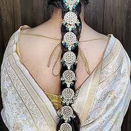 Floral Shape Gold Plated Green Tumble Kundan Bridal Wedding Hair Braid Choti-image-9