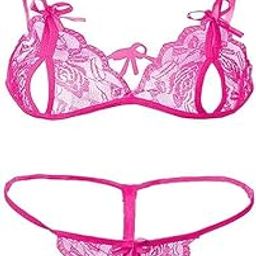 G Gerry Weber Women's Hot Lingerie Set | Open Cup Lace Bra & Crotchless Panty | Sexy Transparent Innerwear Nightwear (Dark Pink)-image-92