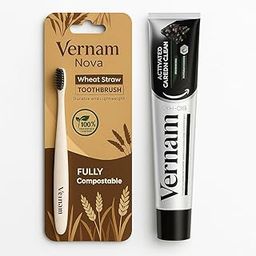 Vernam Oral Care Combo – Activated Charcoal Toothpaste 100g (Pack of 1) + Wheat Straw Toothbrush (Pack of 1 | 3 Eco-Friendly Brushes) | Deep Clean, Fresh Breath & Gentle Oral Care | Natural, Sustainable & Charcoal-Infused-0