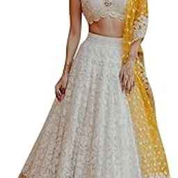 Women's Georgette Semi-Stitched Lehenga Choli White Wedding Bridal Free Size-image-53