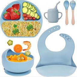 JACK UP- 6Pcs Silicone Baby Feeding Combo Set Bpa-Free,Microwave Safe|Tableware Dinner Set for Kids &Toddlers with Silicoen Divider Suction Plate,Bowl,Cup, Spoon,Fork & Bib, Mess Free Meal Time Set'-image-24