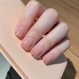 Kriga 24 Reusable Artificial Fake Nail Set| Peach Light Dark Silver Glitter Short Square Shape Glossy Nails| Lightweight & Long Lasting| Quick Fix For Festivals & Special Occasions-picture-18