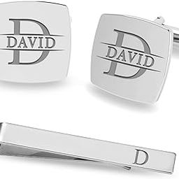 Gifts for Fathers Day 925 Sterling Silver Personalized Customized Engraved Initial or Name Designer Square Cufflinks and Tie Clip Set Collection - Ideal Fathers Day Gift for Men, Boys, Fathers-47