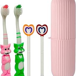Pack of 4 Baby Kids Tooth brush & Tongue cleaner with travel capsule holder, Portable capsule Toothpaste plastic storage Flexible design special, Manual, Multicolour-15