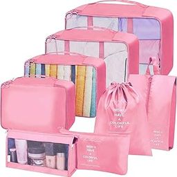 House of Quirk 8pcs Set Travel Organizer Packing Cubes Lightweight Travel Luggage Organizers with Laundry Bag or Toiletry Bag (Pink)-1