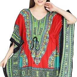 Polyester Women's Short Dashiki Print Kaftan Dress Beach Wear Kimono Nighty (Red)-18