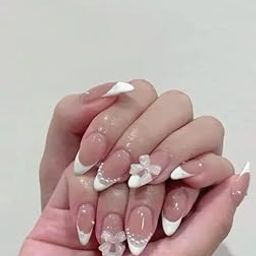 TREXEE Set of 24 Artificial Reusable Nails in Bowknot with Pearls design with glue-22