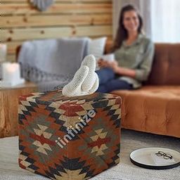 iinfinize Footrest Stool Muddha Cover Decorative Wool Jute Kilim Ottoman for Living Room Throw Rustic Seating Pouf Cover Handmade Traditional Bean Bag Storage 18x18x18 Inch Square Pouffe-image-3