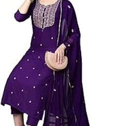 Women's Cotton Blend Embroidered Straight Kurta with Pant & Dupatta-picture-56