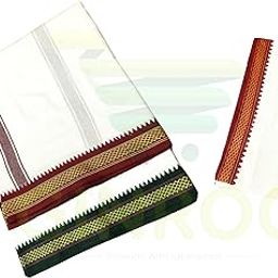 Men’s Traditional White Cotton Dhoti (4.5 Meters) with Matching Angavastram/Towel/Gamcha (2 Meters) –South Indian Style Pure Cotton Combo with Red & Green Broad Borders-image-21
