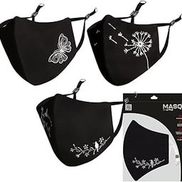 MASQ Nature Reusable, Washable, Anti-Bacterial (BFE>99%) 4 Layer Embroidered, Fashionable 100% Pure Cotton Cloth Face Mask for Women with Ear Adjusters (Black,Pack of 3)-8