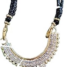Designer Mangalsutra Necklace with Crystal Pendant and Pearl Drops, Black Beaded Chain, Gold-Toned-3