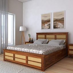Ganpati Arts Solid Sheesham Wood King Size Cane Bed with Box Storage Solid Wooden Double Bed Cot Bed with Box with Headboard (Natural Finish)-image-70