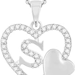 Love Heart Pendent "S" Letter Silver Gold Plated for Girls Women Men Unisex Couple Alphabet Pendant in American Diamond Jewellery Set alphabet Cubic Zirconia Brass Chain Pendant-image-91