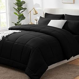 CozyLux Twin Size Comforter Sets - 7 Pieces Bed in a Bag Set Black, Bedding Sets Twin with All Season Quilted Comforter, Flat Sheet, Fitted Sheet, Pillowcases, Black-image-13