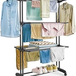 ABOUT SPACE 5.5 ft Clothes Drying Stand - 3 Layer Foldable Cloth Dryer Stand, Portable with Castor Wheels, 24 Hanger Rods & 2 Wings - Anti Rust Steel Double Pole (Black - L 75 x B 50 x H 168 cm)-image-81