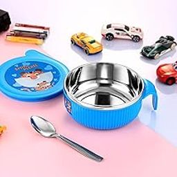 Nabhya Linex Multipurpose Air Tight Baby Feeding Bowl Inner Steel & Outer Plastic, BPA Free, Bowl with Steel Spoon | Food Remains Warm | Suitable from 6 Months 380ml (Pack of 1) (Blue)-picture-11