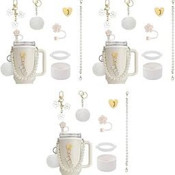 For Stanley Cup Accessories Charm Kit Set 21PCS Sakura Silicone Straw Cap White Pearl Chain Handle Bottom Sleeve Cup NOT Included-image-24