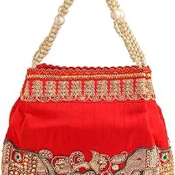 Potli Bags for Ladies | Traditional Red Potli Handbags for Women | Ethnic Pearl Beaded Wristlet Handmade Embroidery Worked Potli Bag | Ideal for Parties Weddings or Traditional Events-32