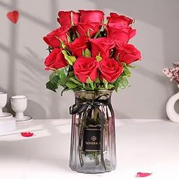FlowerAura Fresh Live Flower Bouquet of 12 Red Roses In Vase For Birthday Gift, Anniversary Gift, Wedding Gift, Mother's Day Gift, Love & Romance Gift, Father's Day Gift (Same Day Delivery)-image-101