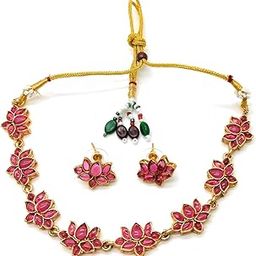 Antique Stone Jewellery Set for Women, Choker Necklace for Women with Flower Design, Multicolour-12