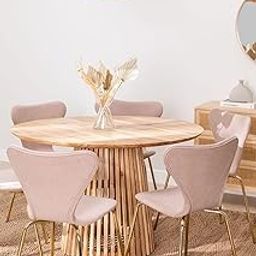 Quick Artsy Modern Round Dining Table with Slatted Pedestal Base – Natural Solid Wood Finish, Contemporary Design Kitchen Table for Dining Room (Only Dining Table)-image-54