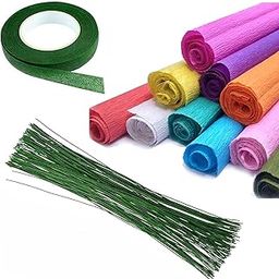 ArtZON Crepe Paper Flower Craft Kit with 10 Sheets (25x85 cm) Crepe Paper, 25 Floral Stems (30 cm), and Green Floral Tape-32