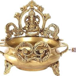 Two Moustaches Brass Ethnic Carved Ganesha Design 7 Inches Brass Urli Decor Bowl, Golden, Urli Bowl for Home Decor, Uruli for Flower Decoration, Brass Pot, Brass Bowls for Pooja, Standard, Pack of 1-34