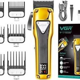 VGR V-137 Premium Metal Housing Hair Clipper 10000H+ Brushless motor (BLDC) Digital Display DLC coating Blade 2500 mAh battery USB charging 4 adjustable Taper Lever 6 Guide comb Runtime 180 min GOLD-image-89