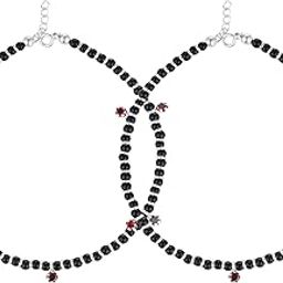 925 Exclusive Adjustable Nazariya Payal (Anklet) with Black Beads & Red Stone (Crystal) in 92.5 Silver for Girls and Women - Pair-23