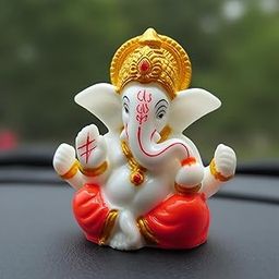 Elatrin White Golden Mukut Lord Ganesha Idol for Office, Home Decoration, Car Dashboard | Ganesha God Statue for Puja Room | Ganpati Murti Figurine for Festival, Occasional, Event Gift-14