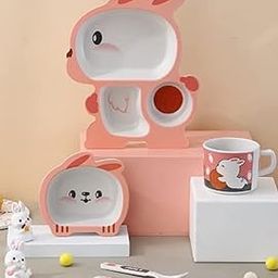 ARURA (LABEL) Eco-Friendly Bamboo Fiber Children Feeding Plate Cartoon Baby Tray Kids Tableware Bowl Dishes Food Container Baby Eating Plate Dinnerware Baby Divided Plate - Multicolor (Rabbit)-image-83