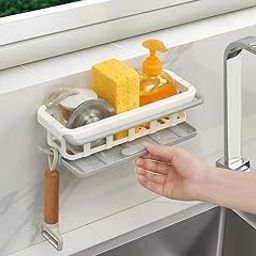 VIVENZA Plastic Two-Tone Hanging Drain Rack – Retractable Sink Storage Tray with Drying Basket – Sponge Holder & Organizer for Kitchen or Bathroom Use – Adjustable, Space-Saving – Multicolour-32